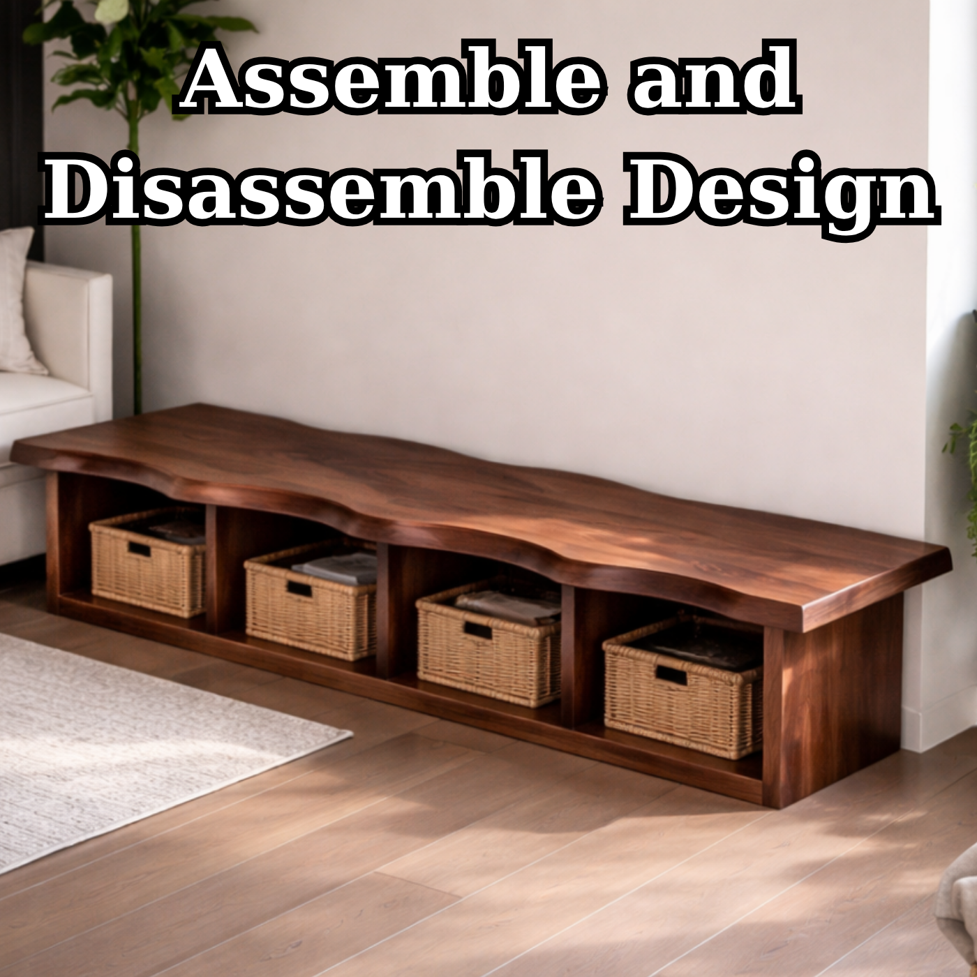 Solid Wood Storage Bench – Live Edge Wooden Bench with Open Cubby Shelves