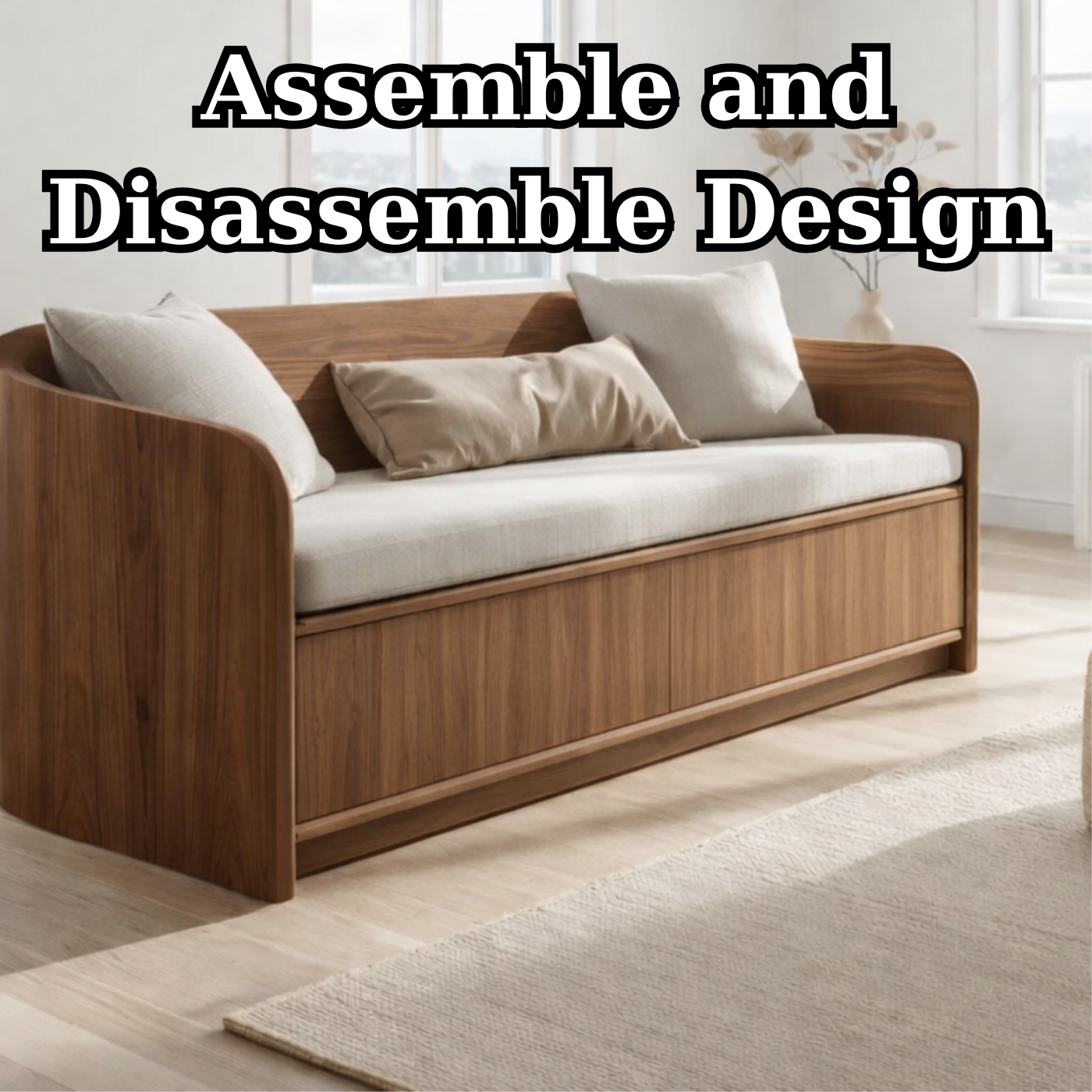 Solid Wood Storage Sofa – Curved Wooden Sofa with Hidden Storage Base