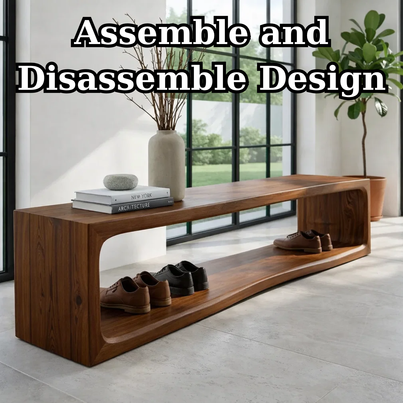 Solid Wood Console Table – Modern Waterfall Wood Console with Open Shelf