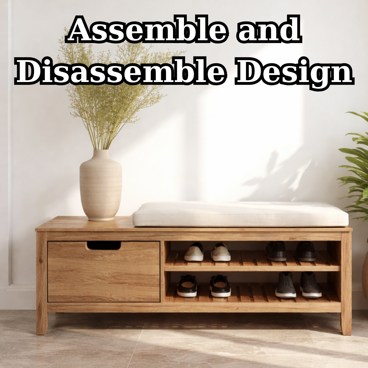 Solid Wood Shoe Storage Bench – Entryway Wooden Bench with Shoe Rack and Drawer