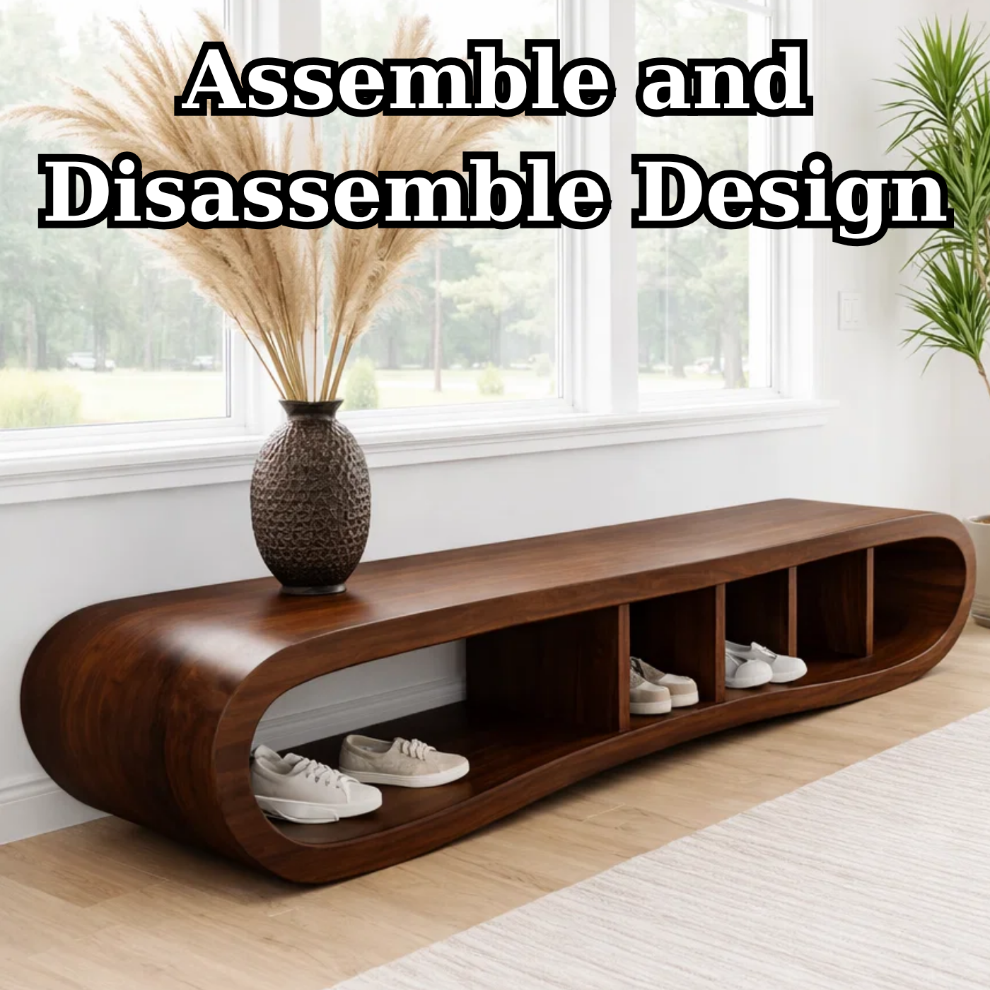 Solid Wood Shoe Storage Bench – Curved Wooden Entryway Bench with Open Cubby Shelf