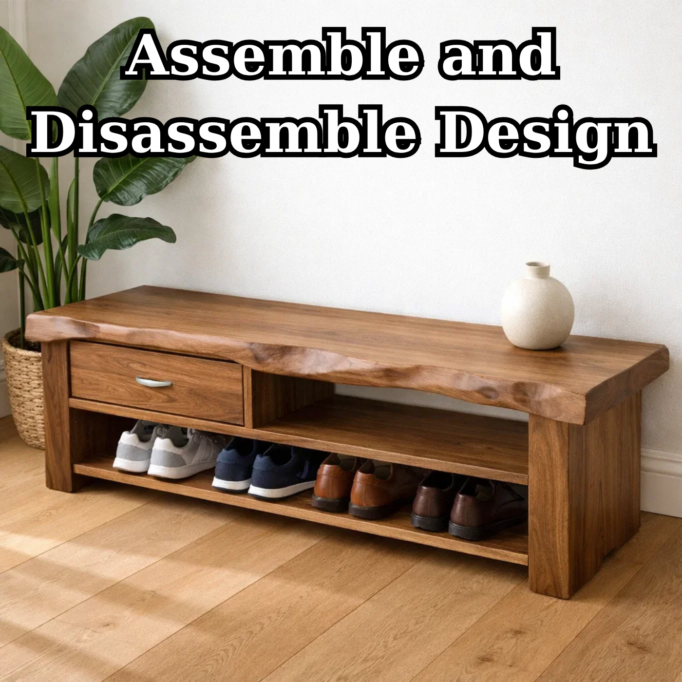 Solid Wood Shoe Storage Bench – Live Edge Entryway Bench with Drawer and Shelf
