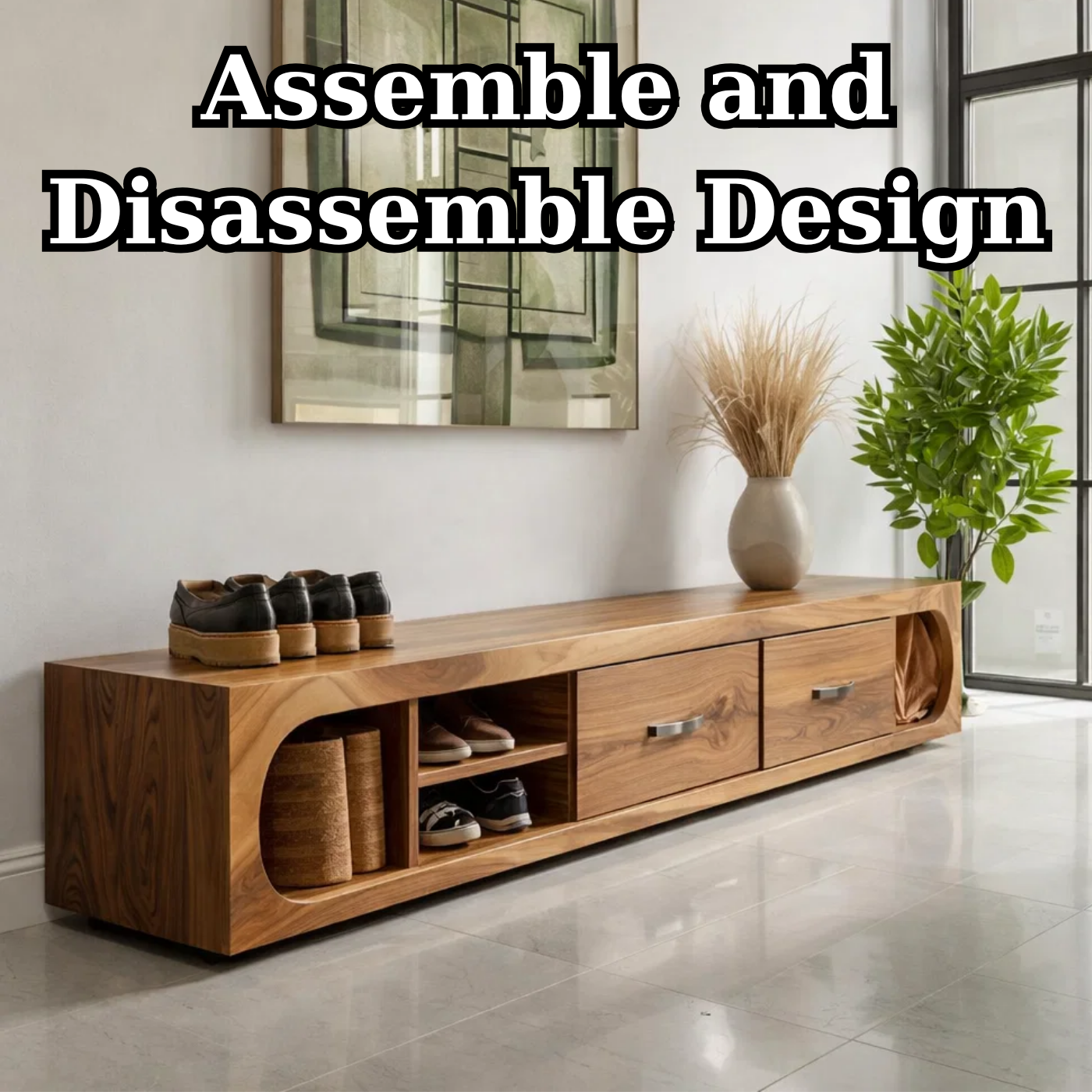 Solid Wood Shoe Storage Bench – Modern Entryway Bench with Drawers and Open Shelf