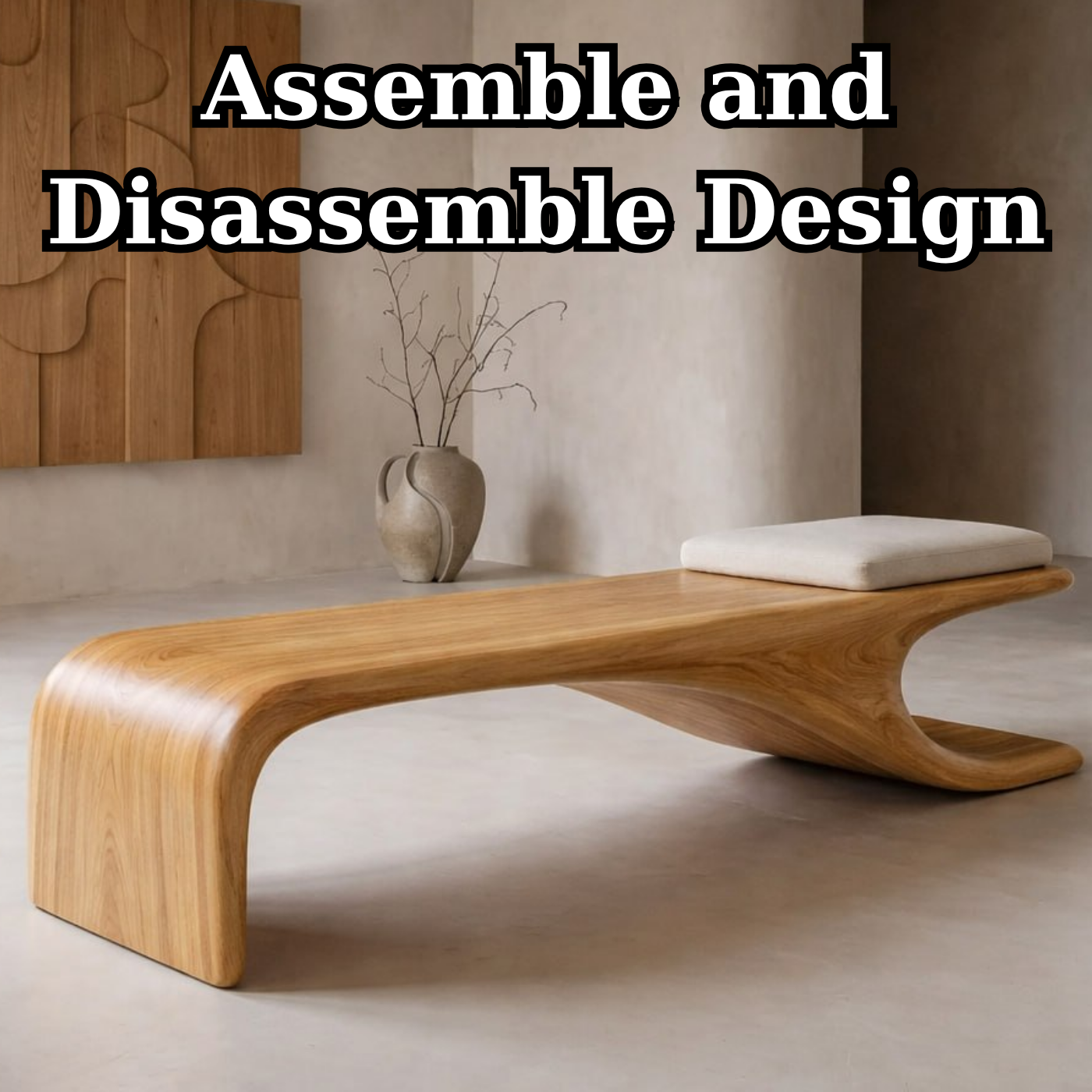 Sculptural Wooden Bench, Modern Curved Accent Seat, Entryway Statement Furniture for Living Room