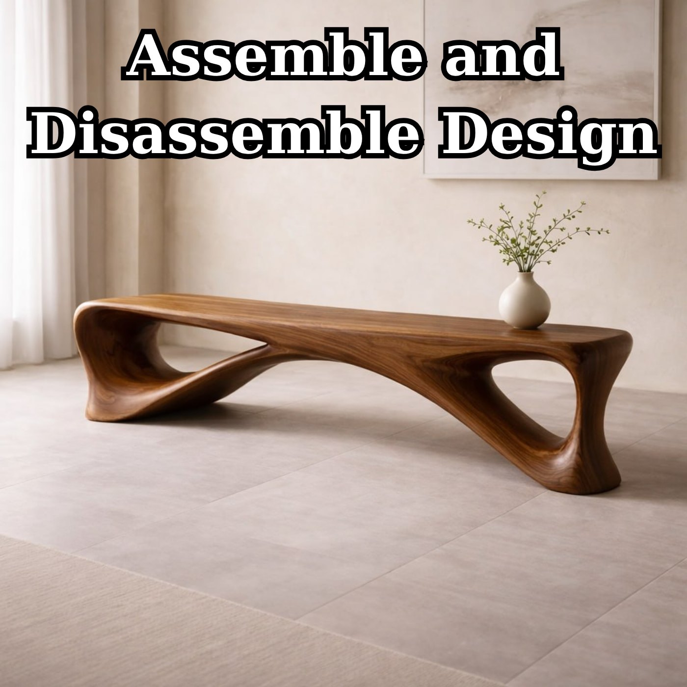 Sculptural Wooden Bench, Modern Curved Entryway Seat, Artistic Statement Bench for Living Room