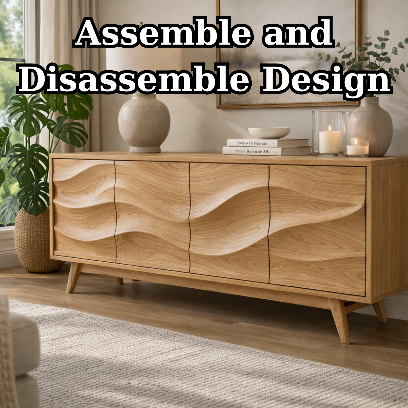 Solid Wood Console Table with Sculptural Wave Front for Modern Living Space