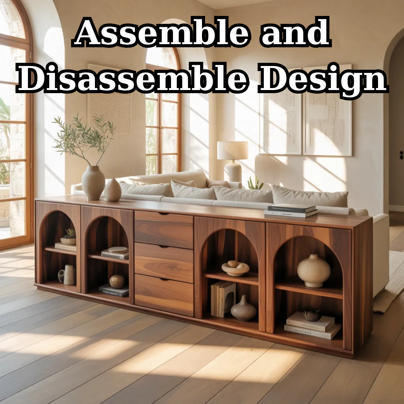 Solid Wood Console Table with Arched Shelves and Center Drawer Storage for Living Room