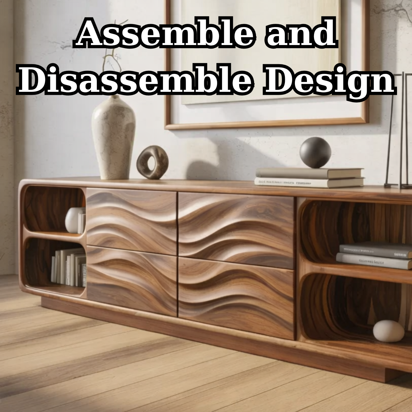 Solid Wood Console Table with Wave Carved Drawers and Open Shelf Design
