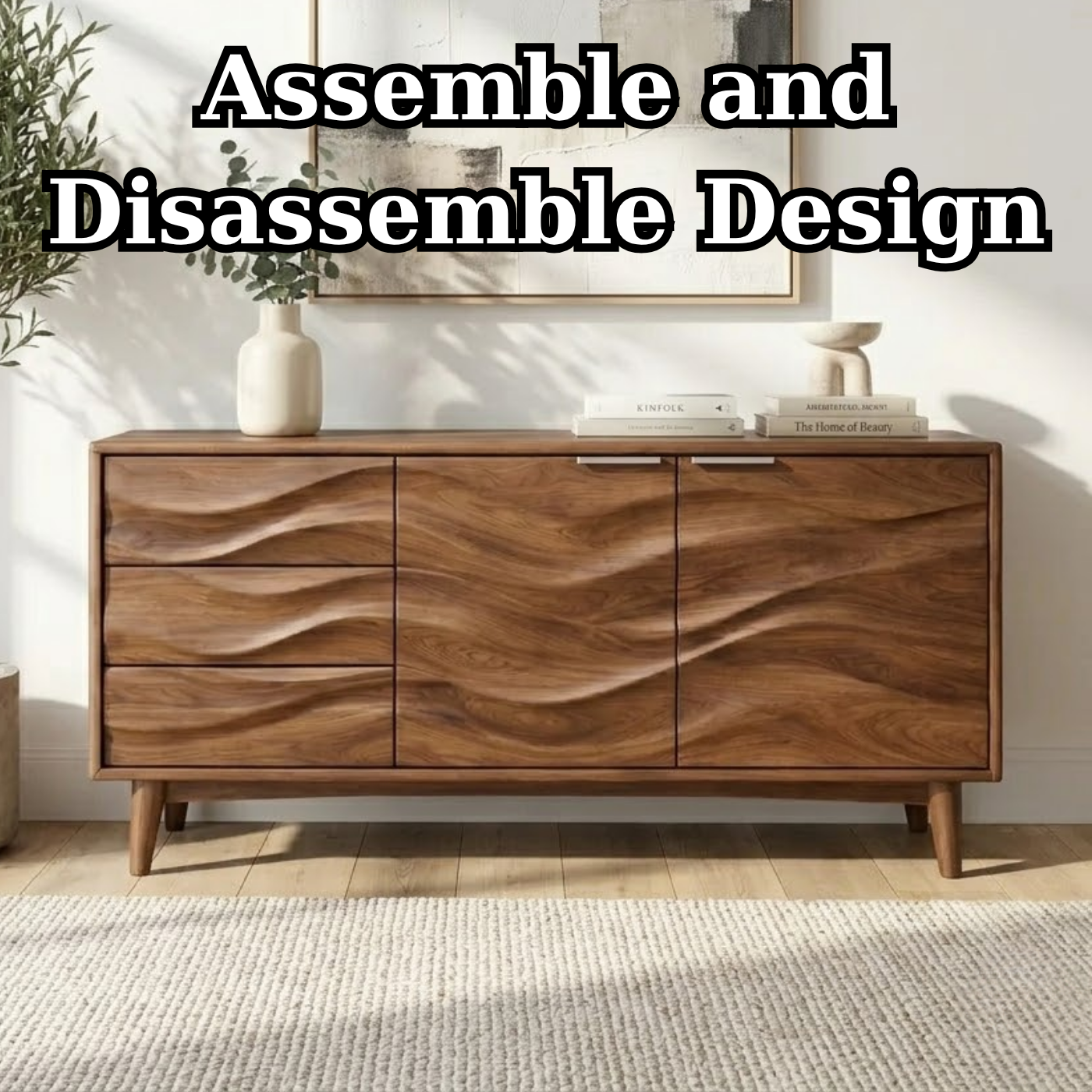 Solid Wood Console Table with Sculptural Wave Front Doors and Modern Storage Design