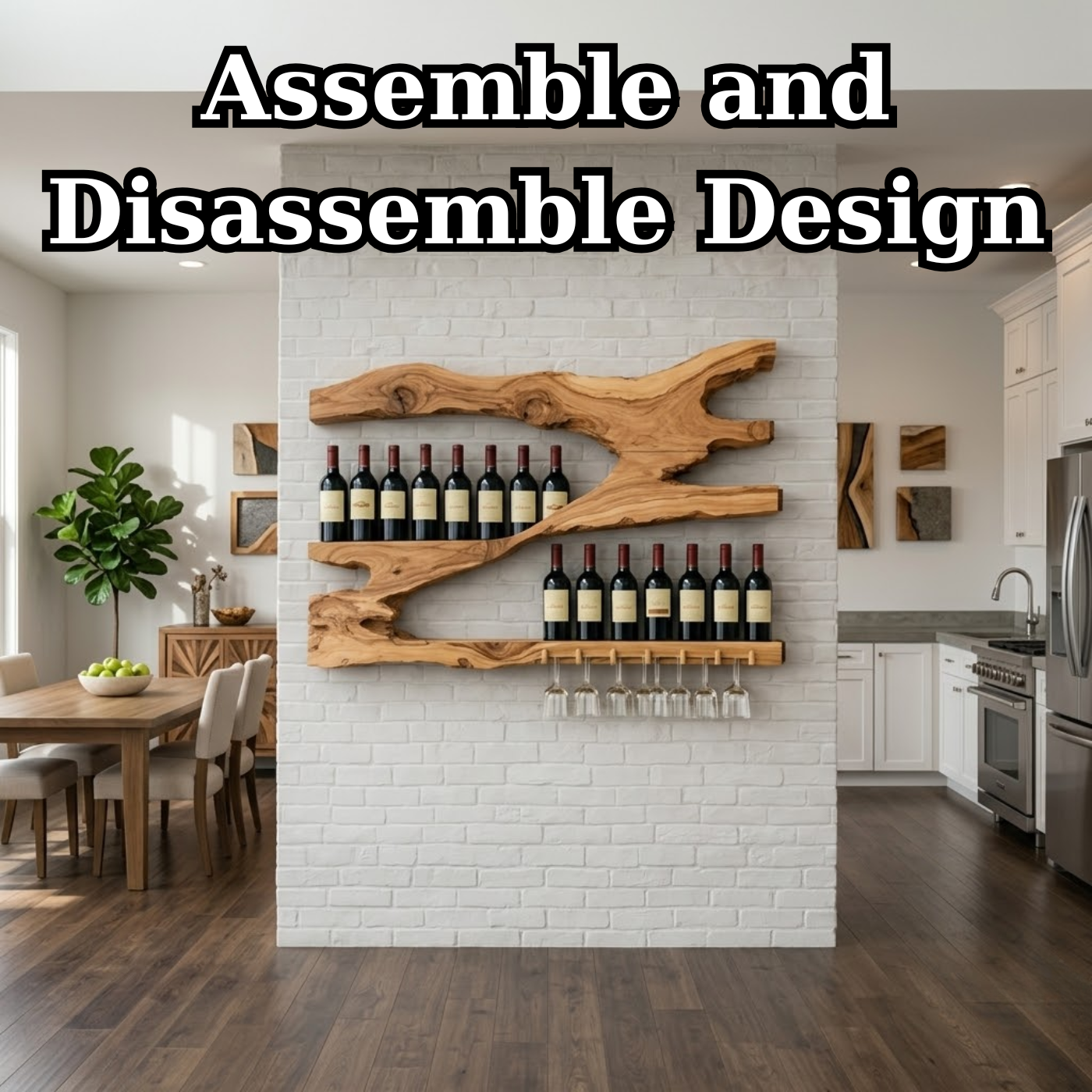 Live Edge Solid Wood Wine Rack Wall Shelf with Glass Holder
