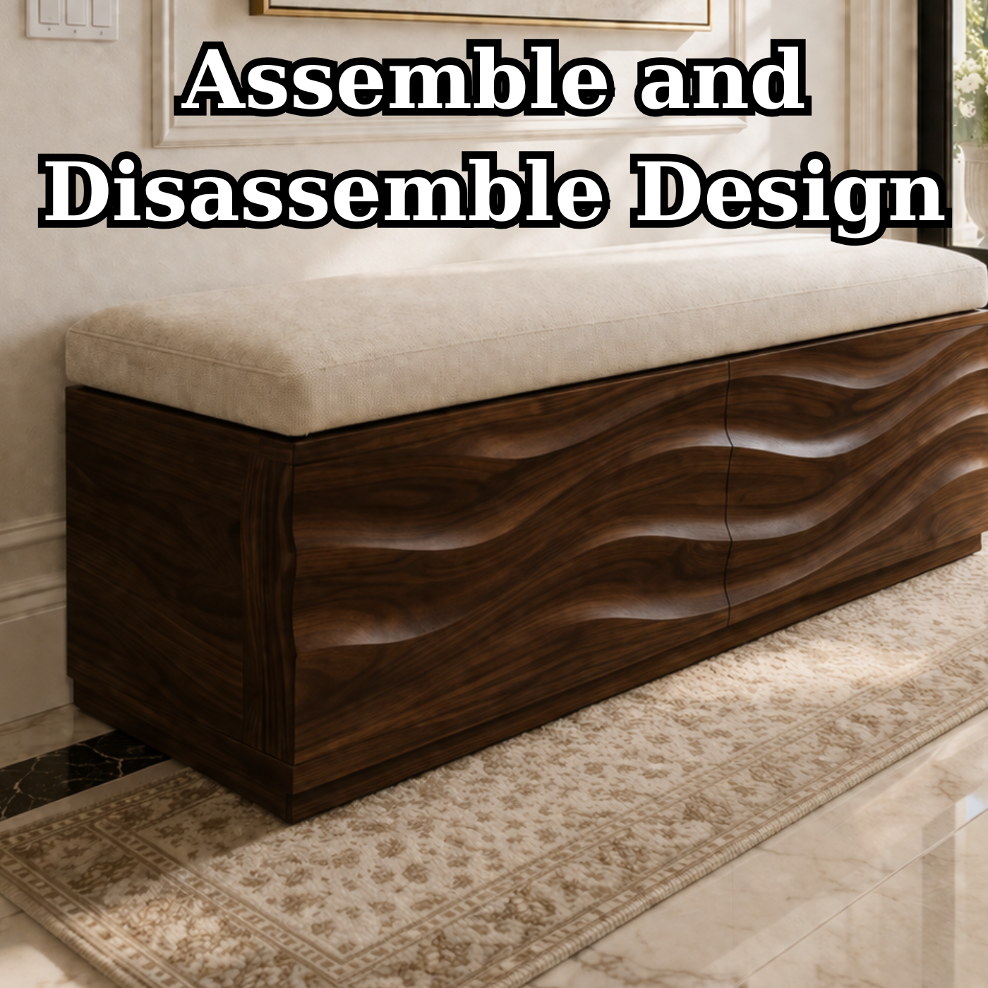Solid Wood Storage Bench with Upholstered Top and Wave Carved Design