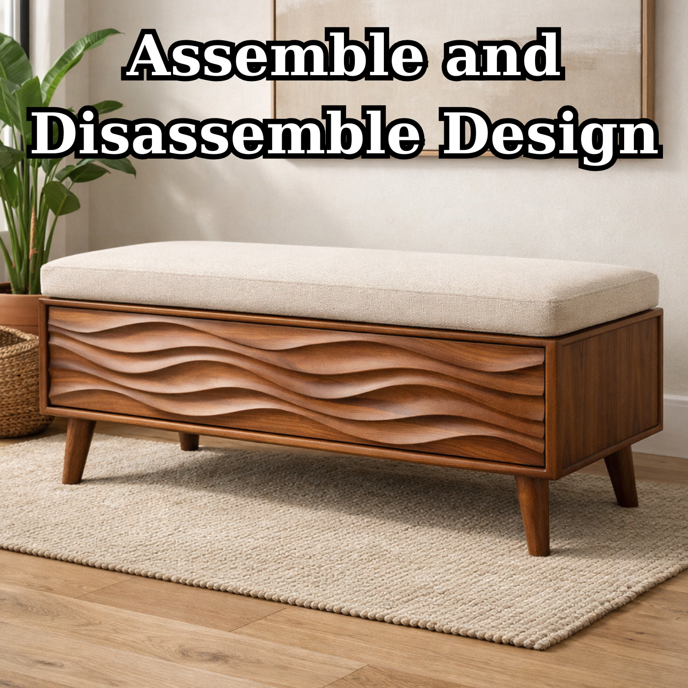 Solid Wood Storage Bench with Upholstered Seat and Wave Carved Front
