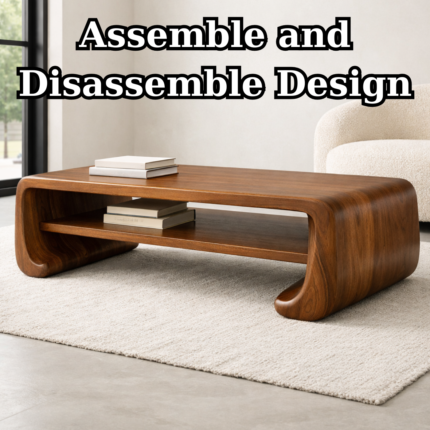 Handcrafted Solid Wood Sculptural Coffee Table with Open Shelf