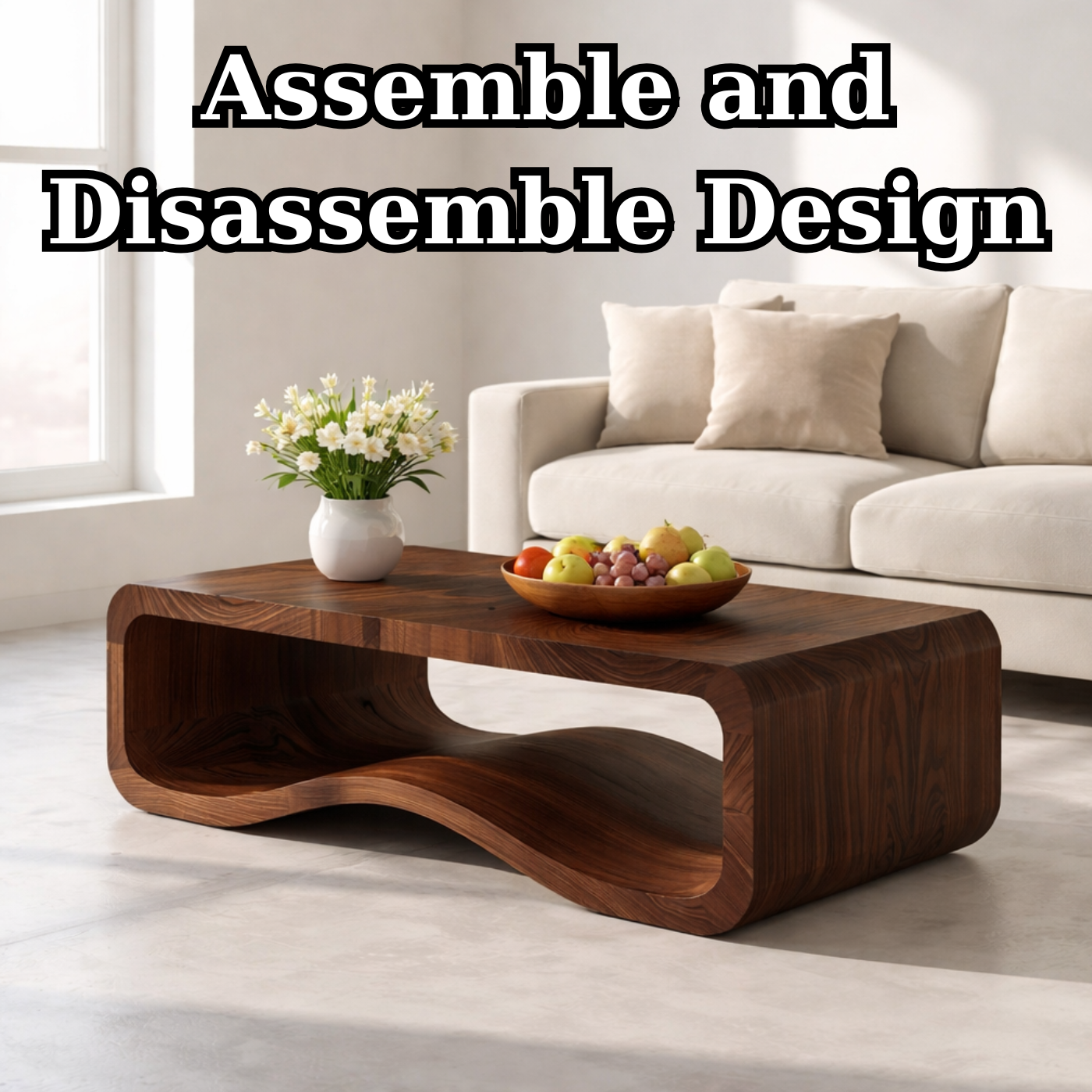 Solid Wood Sculptural Coffee Table with Open Curved Shelf