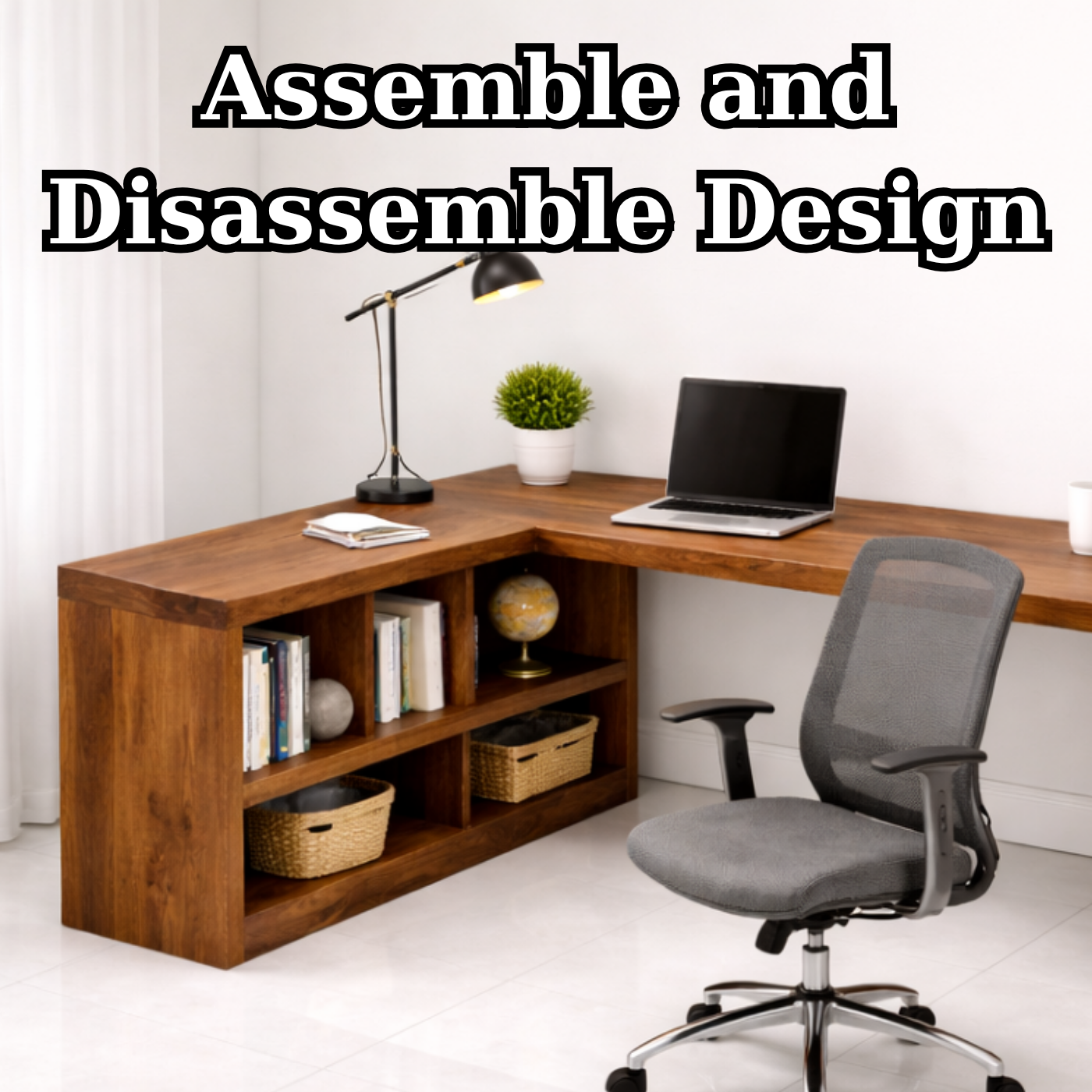Solid Wood L-Shaped Desk with Open Shelves for Home Office