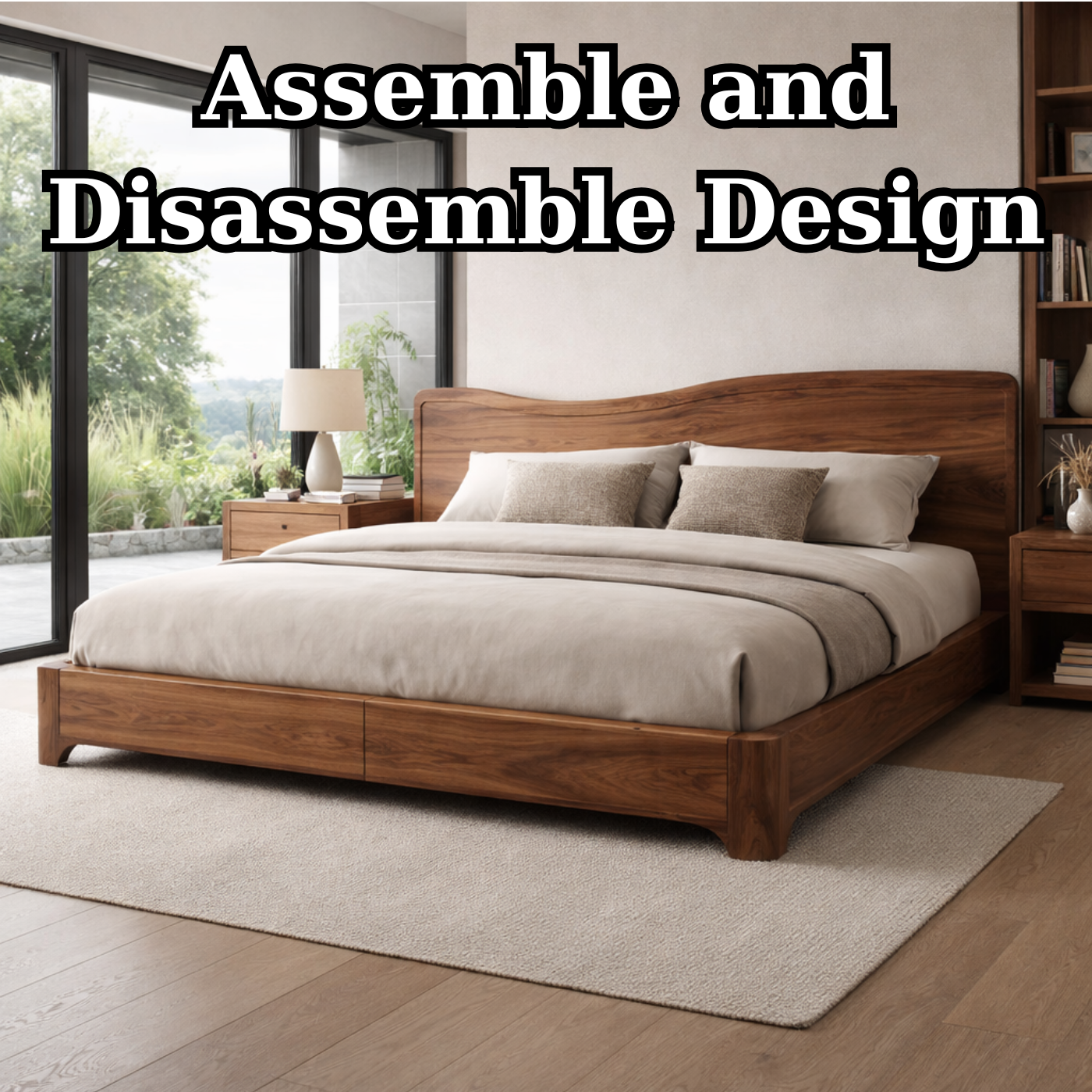 Solid Wood Bed Frame with Curved Headboard and Modern Low-Profile Design
