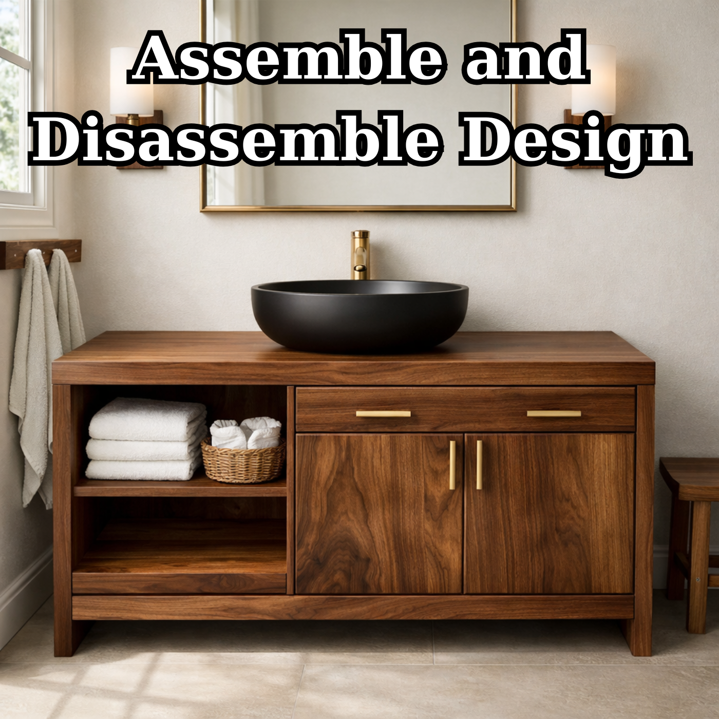 Solid Wood Bathroom Vanity with Open Shelf and Concealed Cabinet Storage