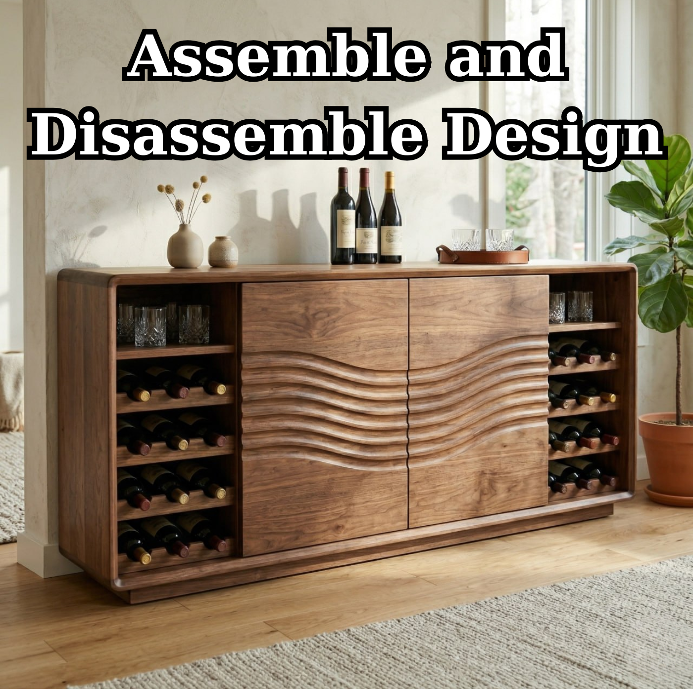 Solid Wood Wine Cabinet with Wave Front Doors and Built-in Bottle Storage