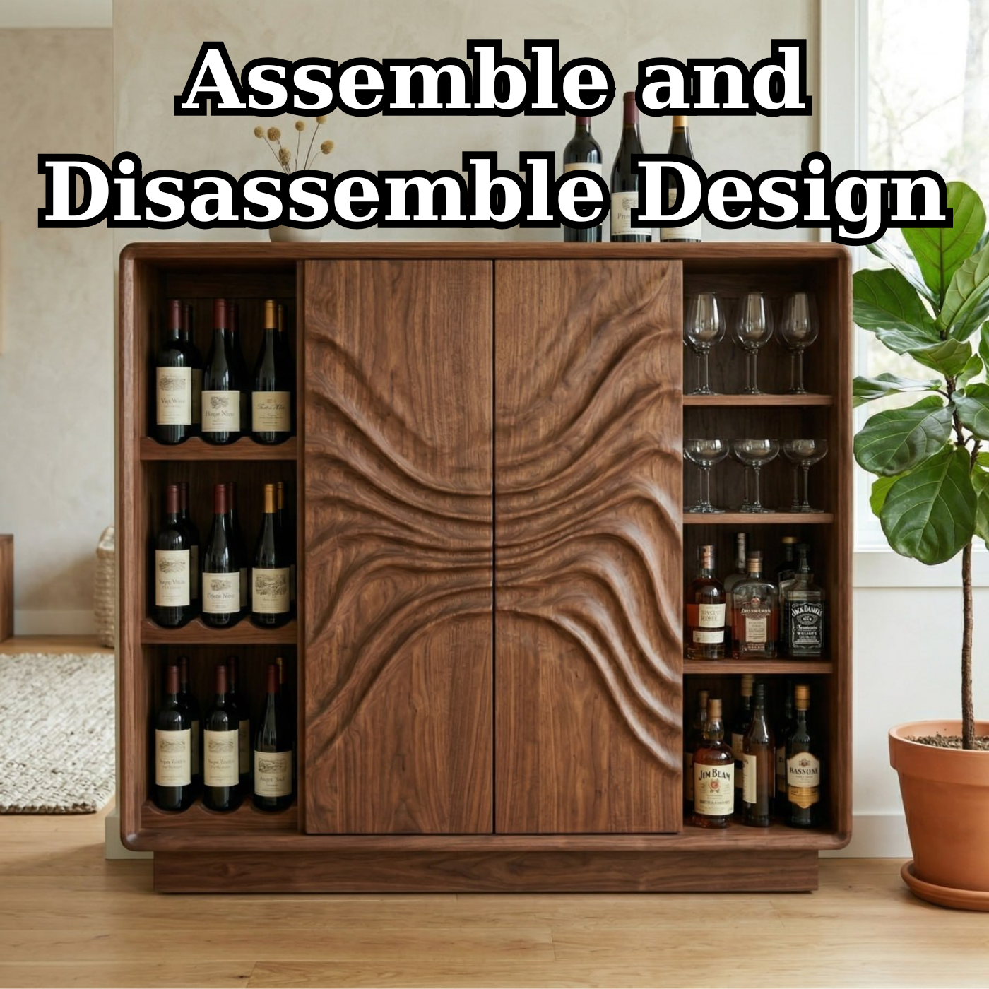 Solid Wood Wine Cabinet with Sculptural Wave Doors and Glass & Bottle Storage