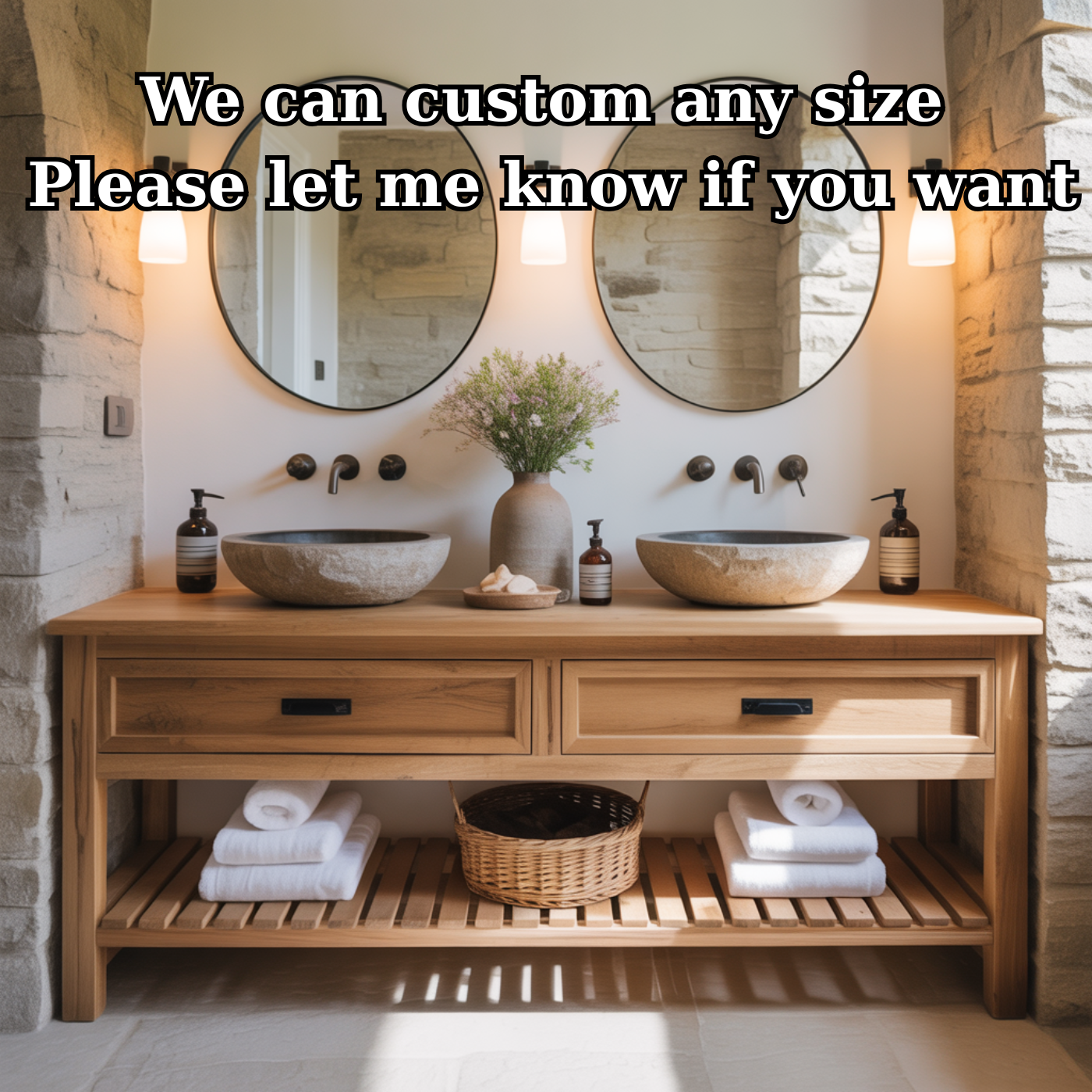Rustic Solid Wood Double Bathroom Vanity with Open Slatted Shelf