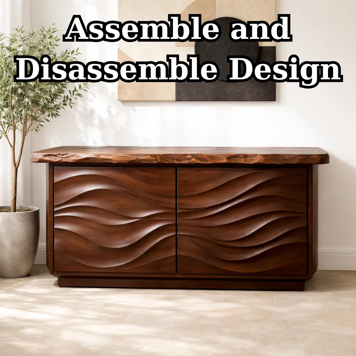 Solid Wood Console Table with Carved Wave Doors – Modern Sculptural Entryway Cabinet