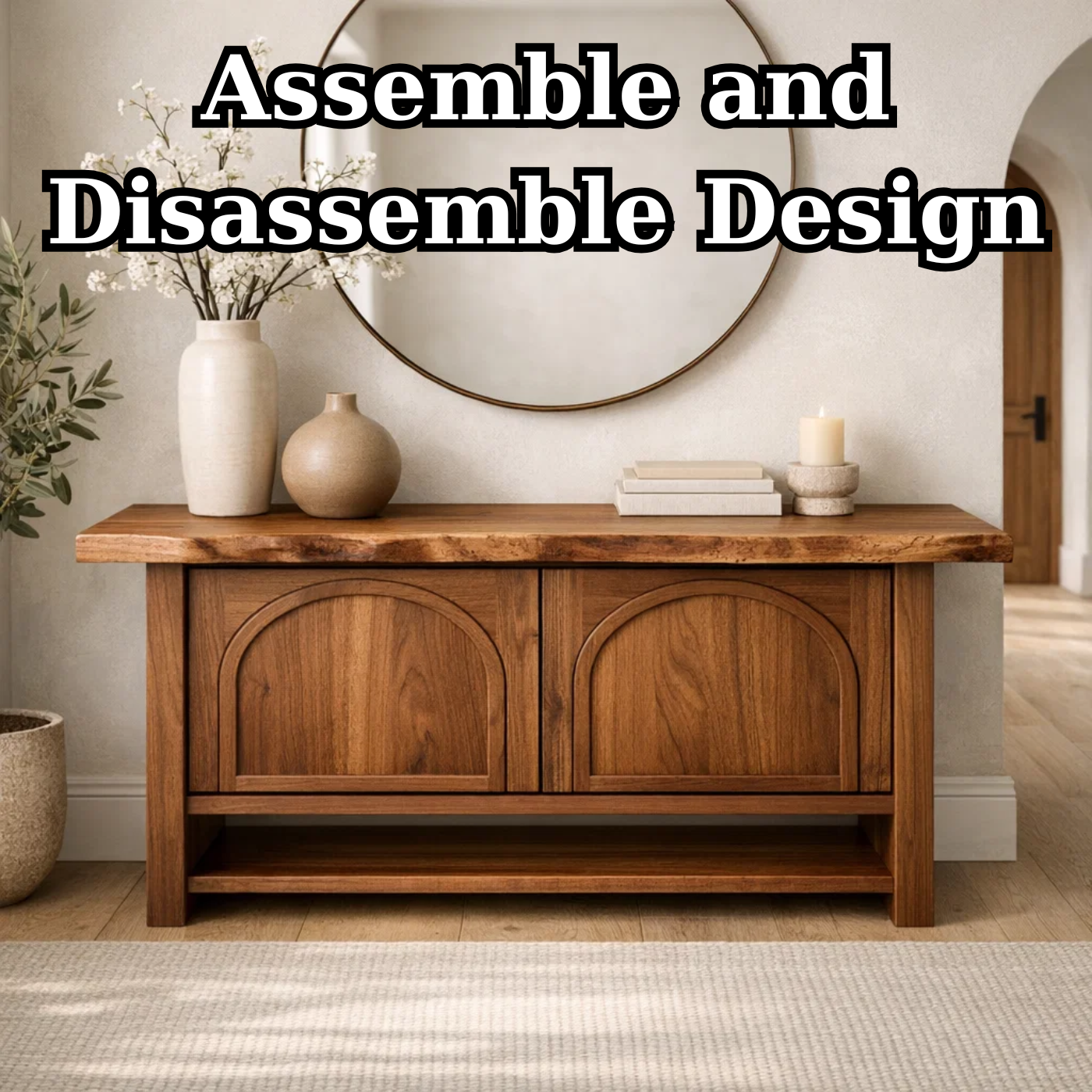 Solid Wood Console Cabinet – Rustic Entryway Storage Table with Arched Doors