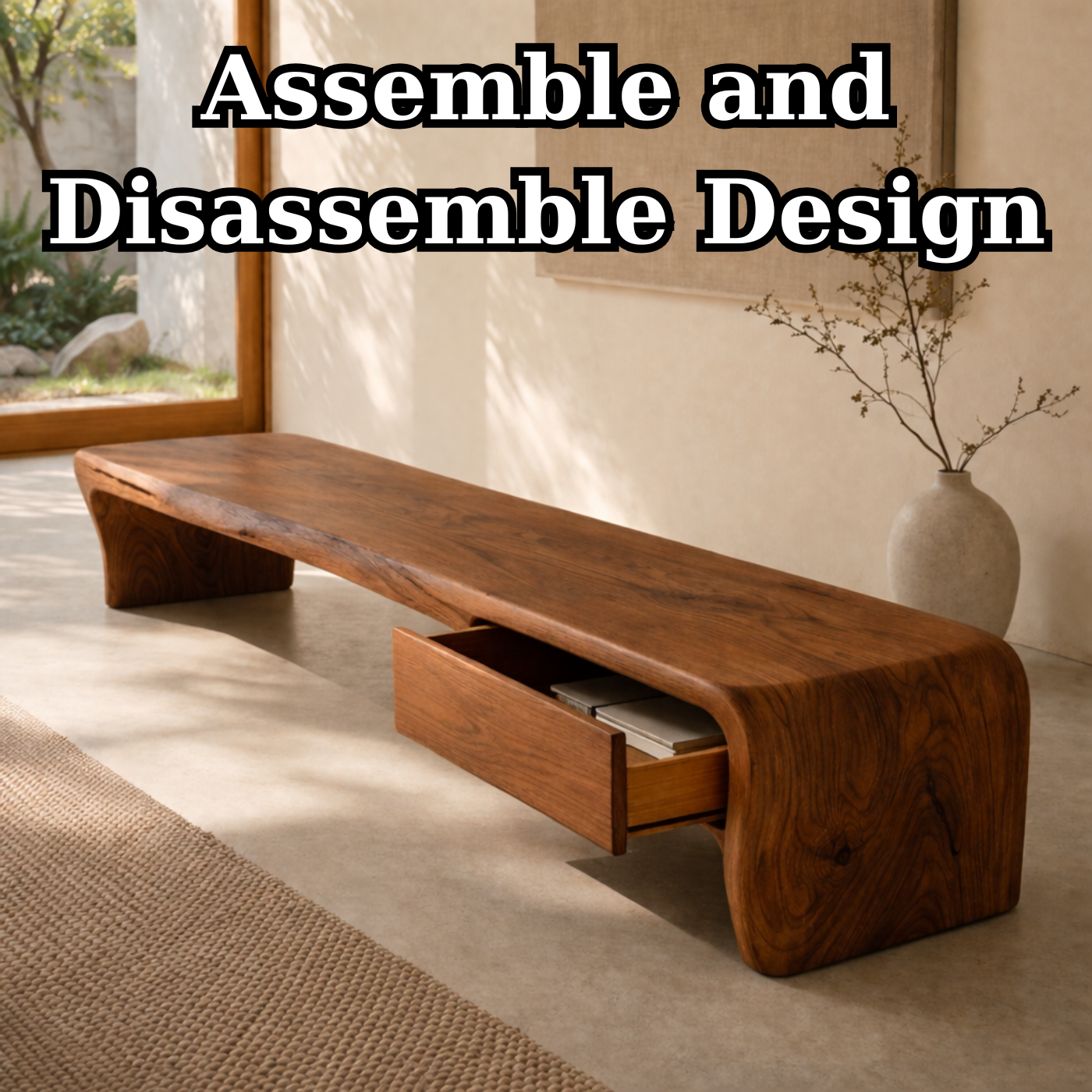 Solid Wood Entryway Bench with Hidden Drawer – Sculptural Minimalist Design