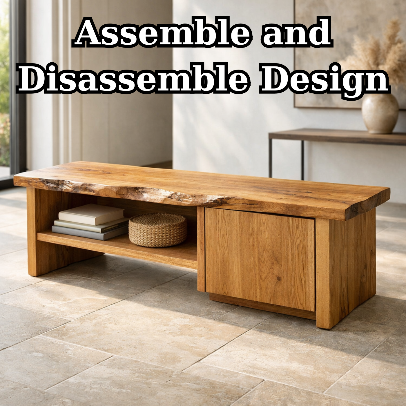 Solid Wood Entryway Bench with Storage Cabinet & Open Shelf – Rustic Modern Design
