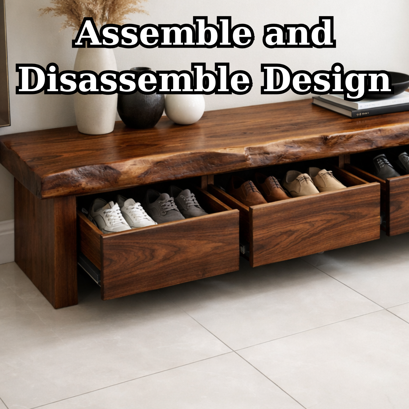Solid Wood Entryway Bench with 3 Drawers – Hidden Shoe Storage Bench