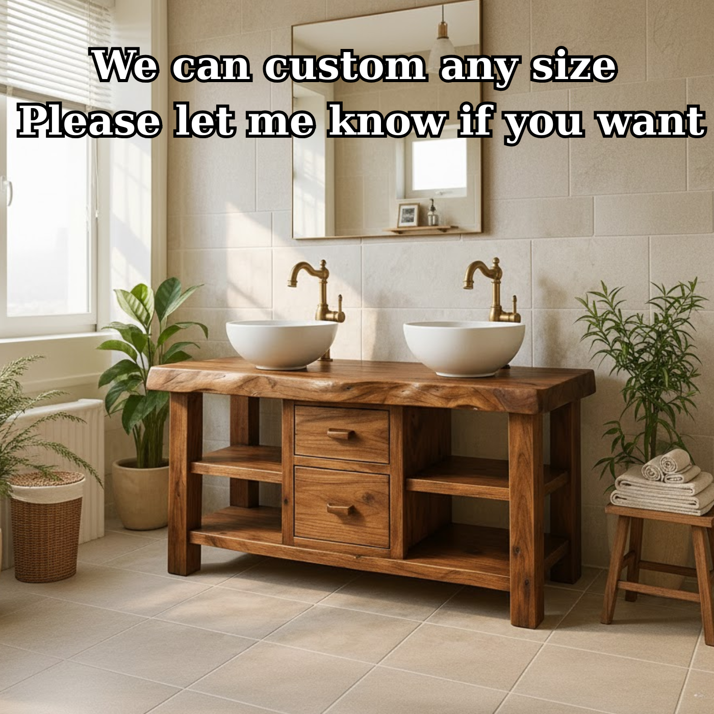 Solid Wood Double Bathroom Vanity with Open Shelving and Center Drawers
