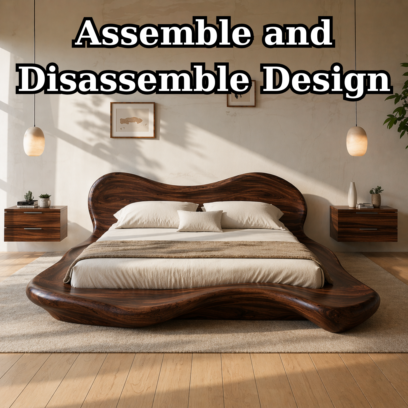 Handcrafted Solid Wood Sculptural Platform Bed, Organic Wavy Design Luxury Bed Frame