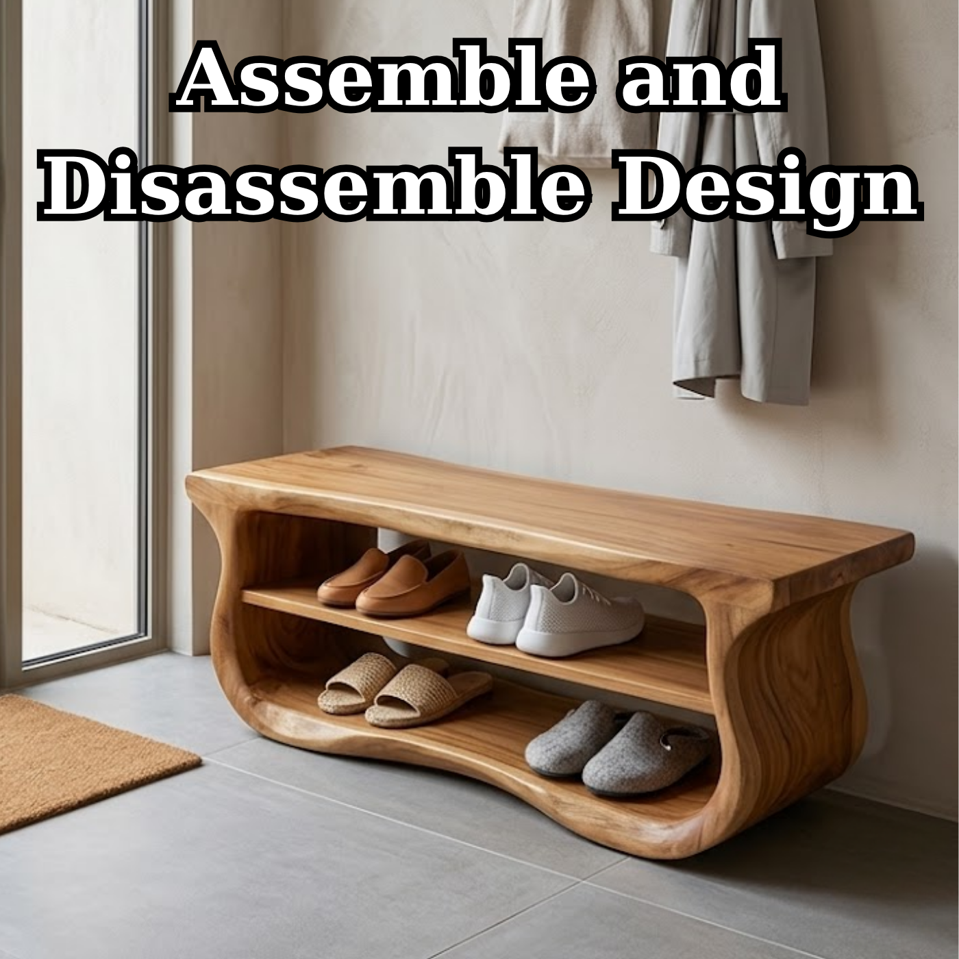 Solid Wood Entryway Bench with Shoe Storage, Organic Wavy Hallway Seating