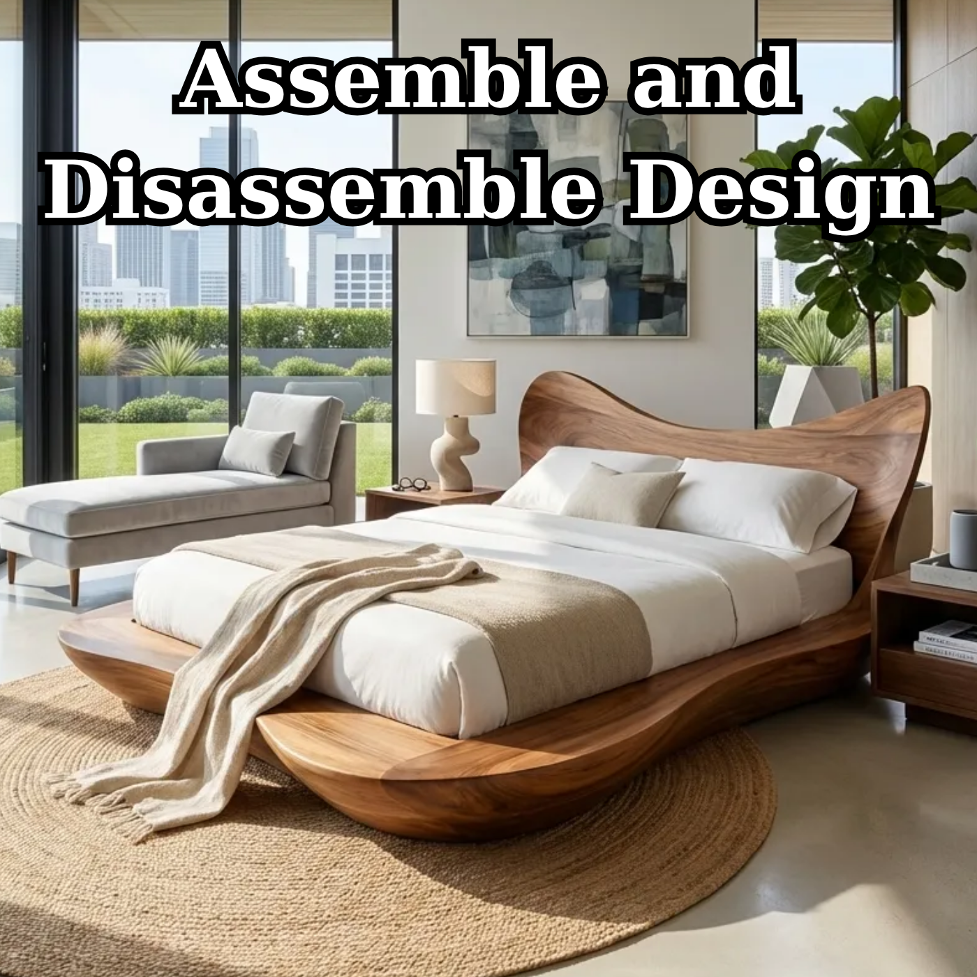 Handcrafted Solid Wood Sculptural Platform Bed, Organic Wavy Design Bed Frame
