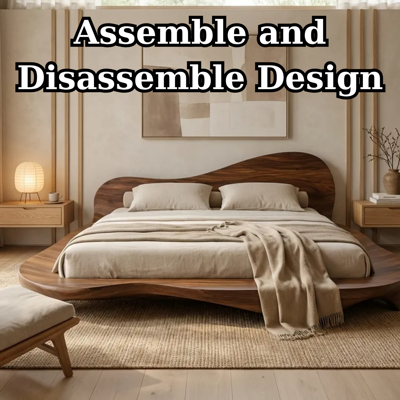 Handcrafted Solid Wood Sculptural Platform Bed, Organic Wavy Japandi Bed Frame