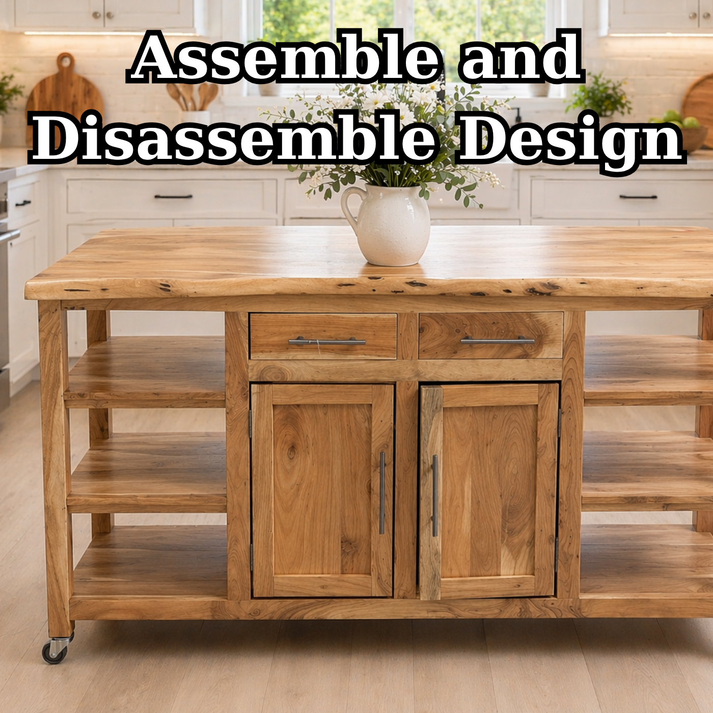 Solid Wood Kitchen Island with Storage & Shelves – Rustic Kitchen Cart, Rolling Prep Table with Drawers & Cabinet