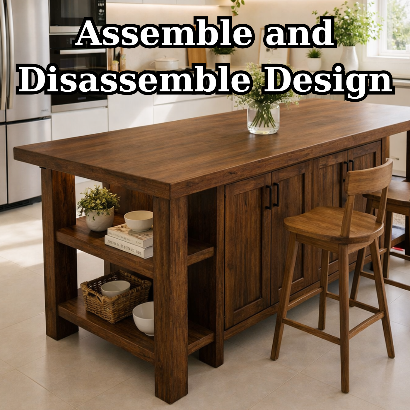 Solid Wood Kitchen Island with Seating & Storage – Rustic Walnut Dining Island Table with Cabinets & Open Shelves