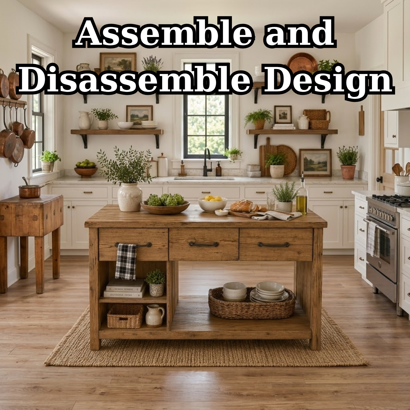 Solid Wood Kitchen Island with Drawers & Open Shelves – Rustic Farmhouse Kitchen Table, Large Wooden Prep Station