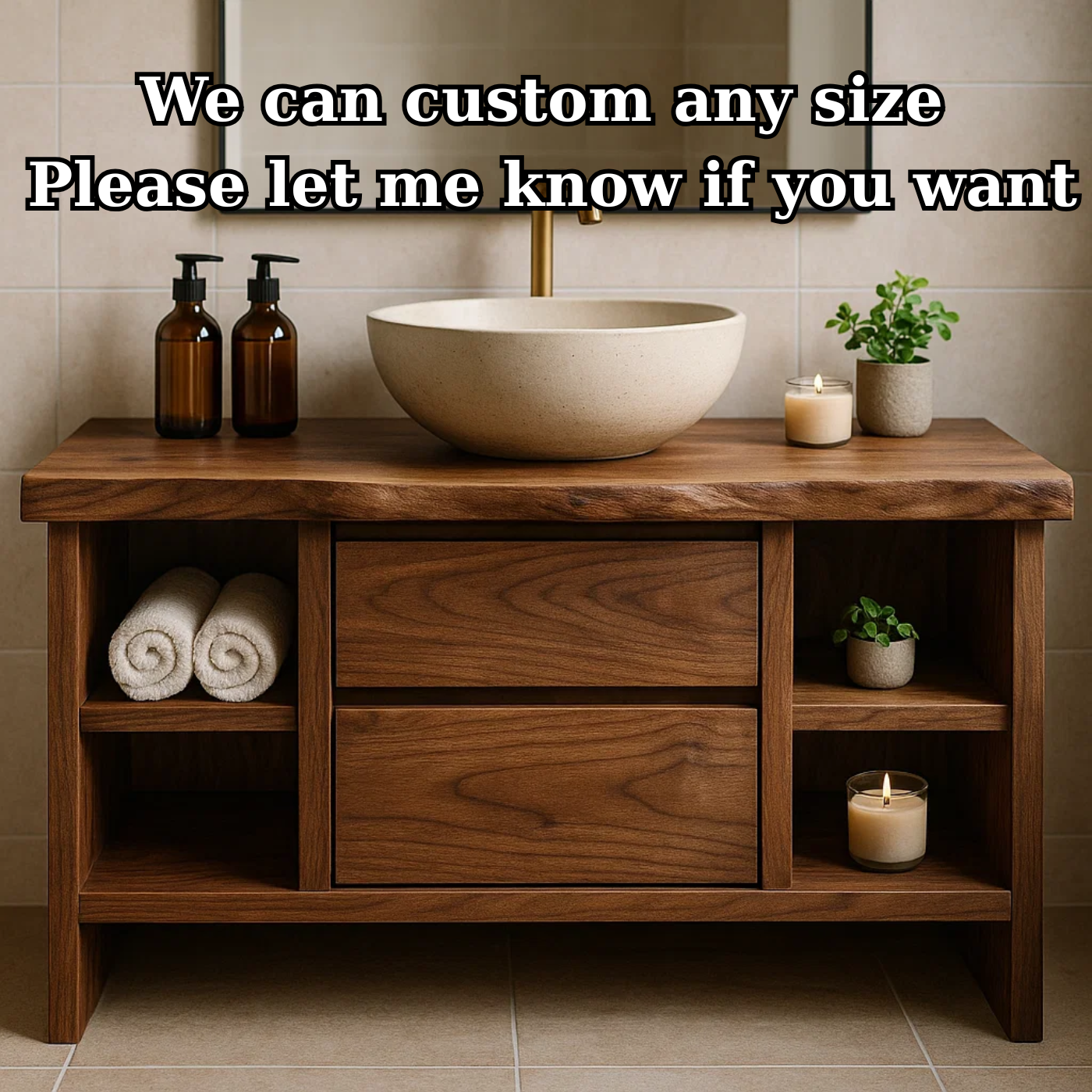 Solid Wood Bathroom Vanity with Open Shelving and Double Drawers