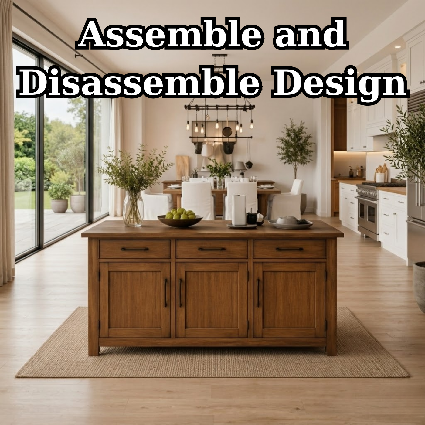 Solid Wood Kitchen Island with Cabinets & Drawers, Large Wooden Prep Table