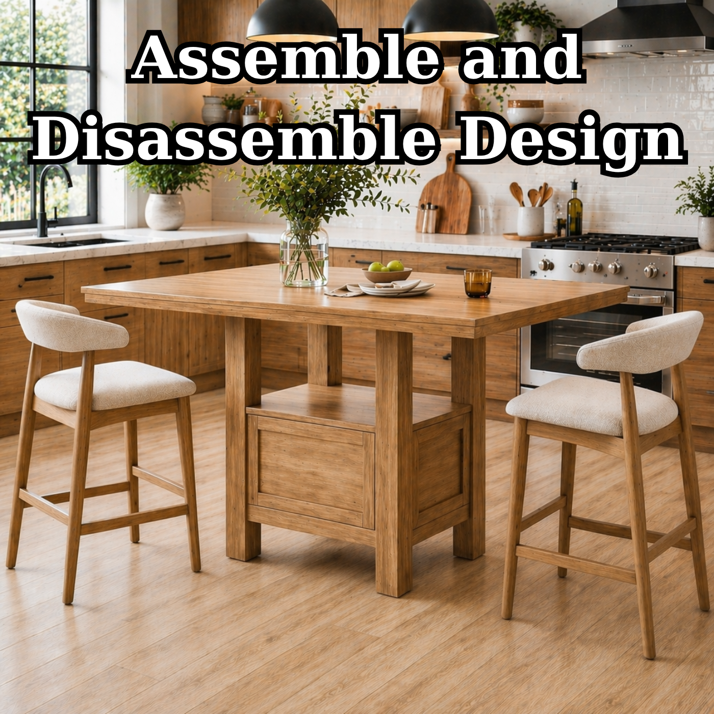 Solid Wood Kitchen Island Table with Storage Base – Walnut Dining Island Table, Rustic Modern Kitchen Table