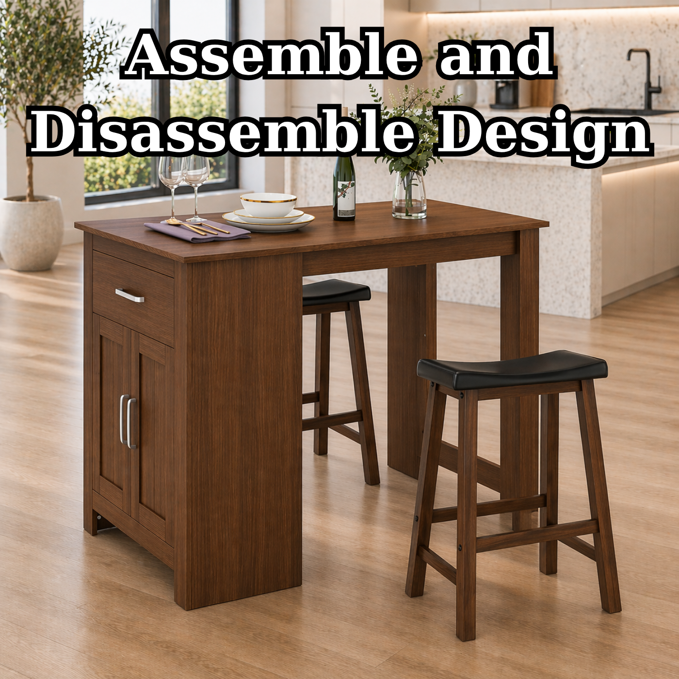 Solid Wood Kitchen Island Table with Cabinet – Walnut Dining Table with Storage, Compact Rustic Kitchen Island