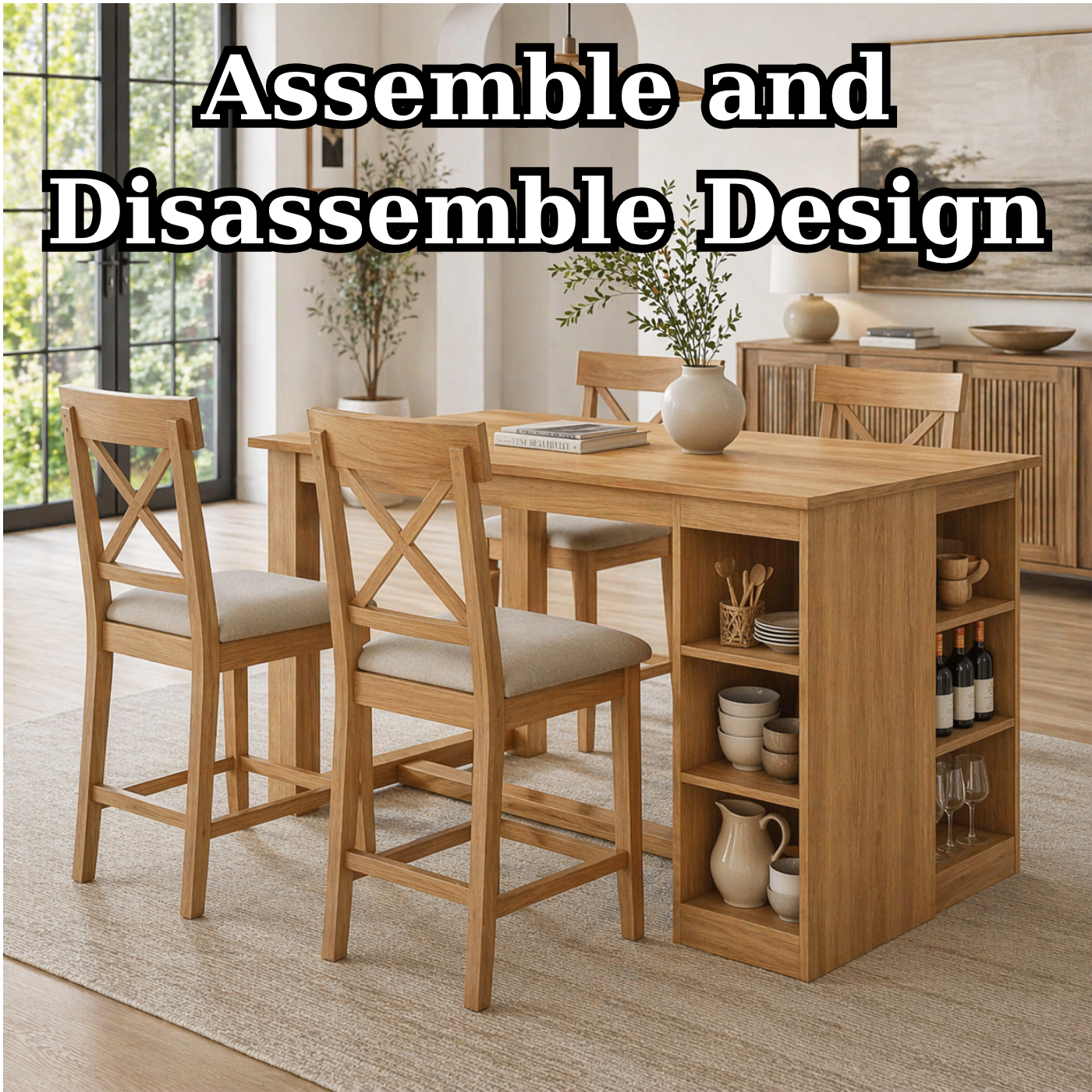 Solid Wood Dining Table with Storage Shelf – Oak Kitchen Island Table with Wine Rack, Modern Farmhouse Dining Table