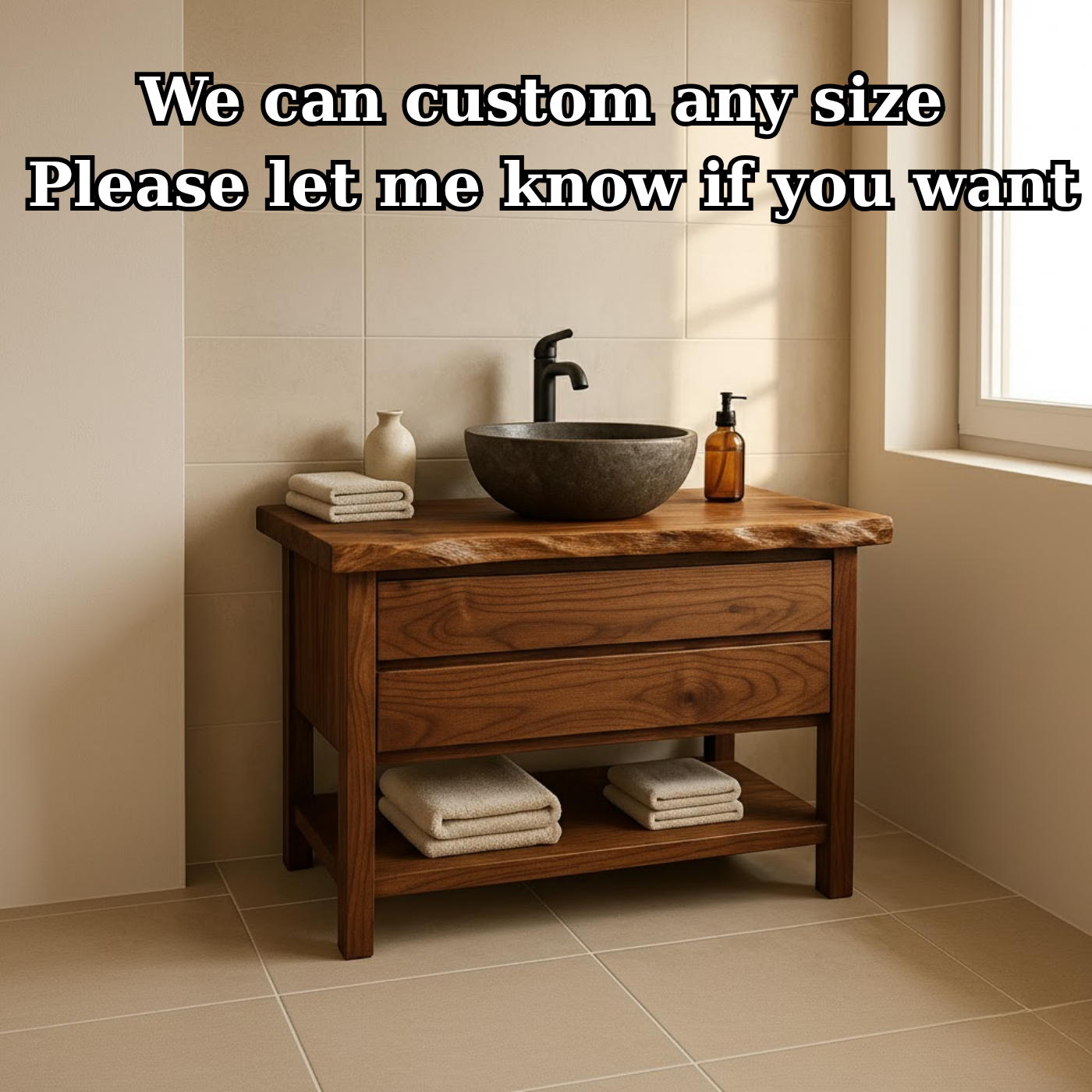 Live Edge Solid Wood Bathroom Vanity with Two Drawers and Open Bottom Shelf for Warm Modern Bathrooms