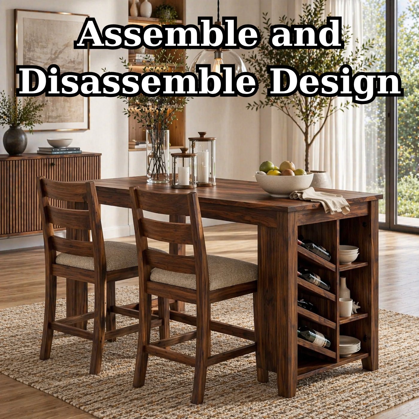 Solid Wood Dining Table with Wine Rack – Rustic Oak Kitchen Island Table, Wooden Dining Table with Storage