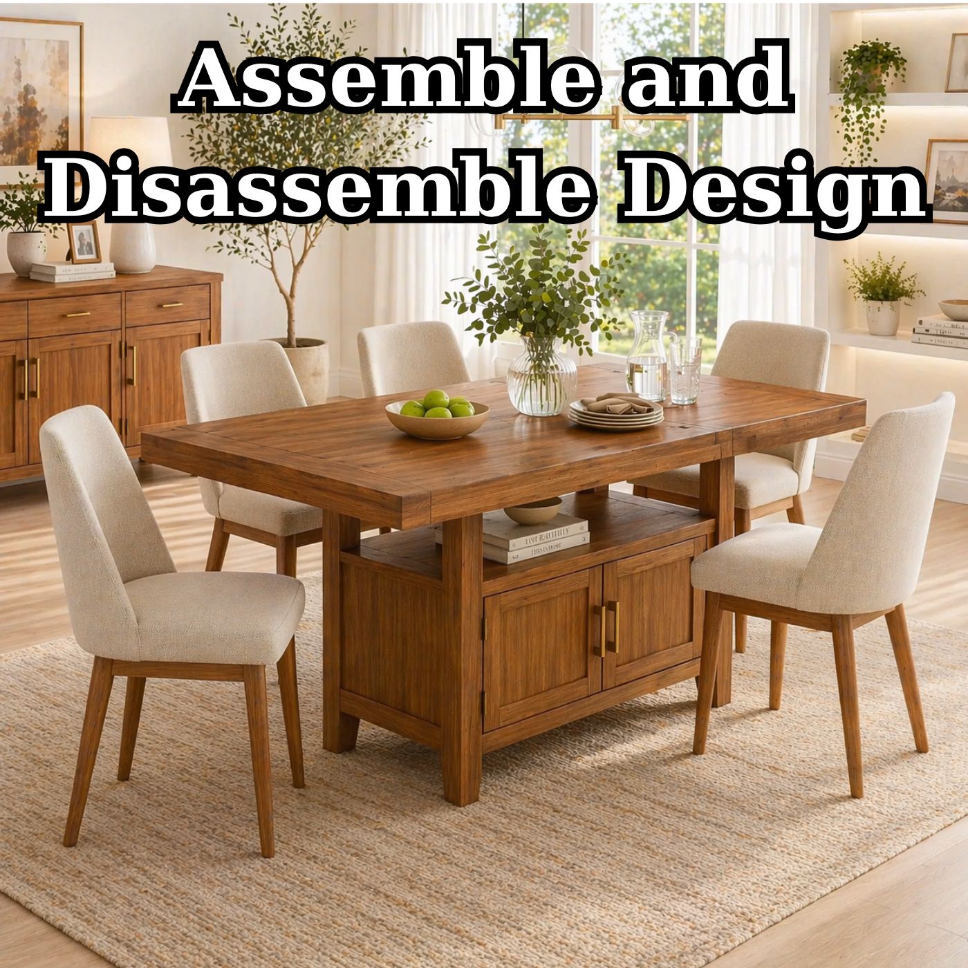 Solid Wood Dining Table with Storage Cabinet – Rustic Oak Dining Table, Kitchen Island Table with Shelves