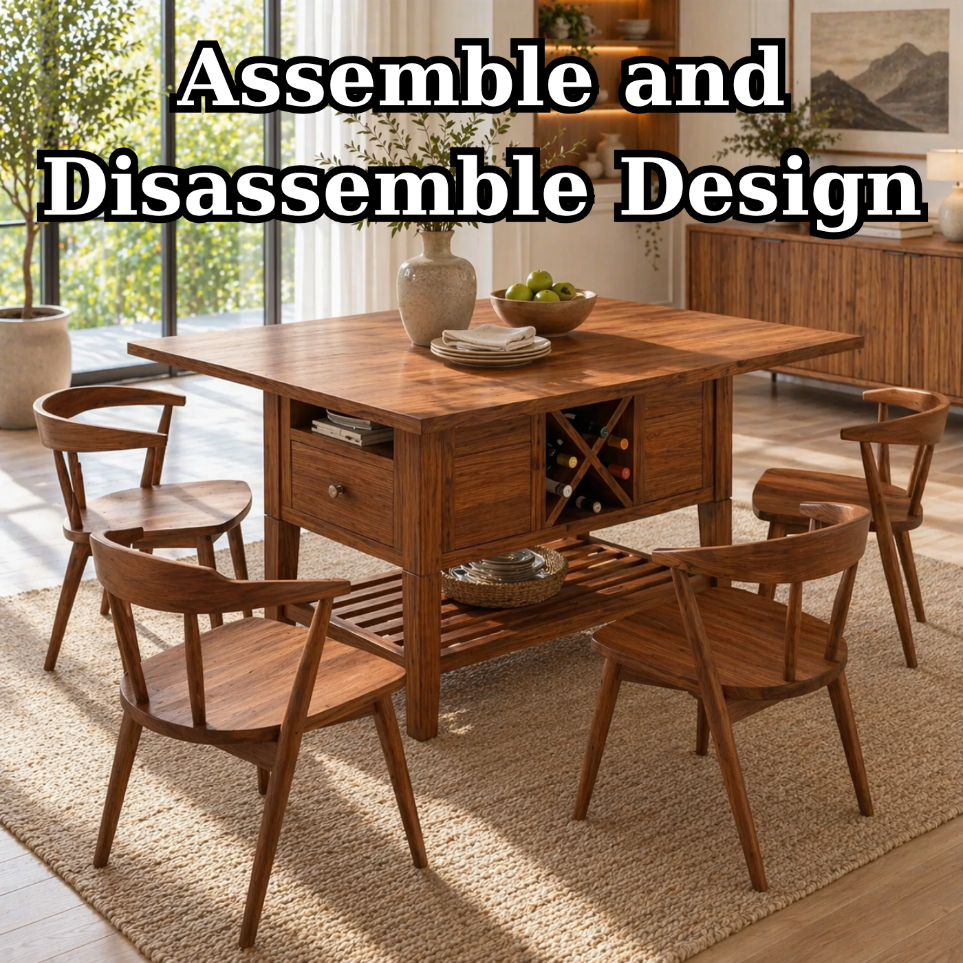 Solid Wood Kitchen Island with Storage Shelf and Wine Rack – Modern Farmhouse Prep Table