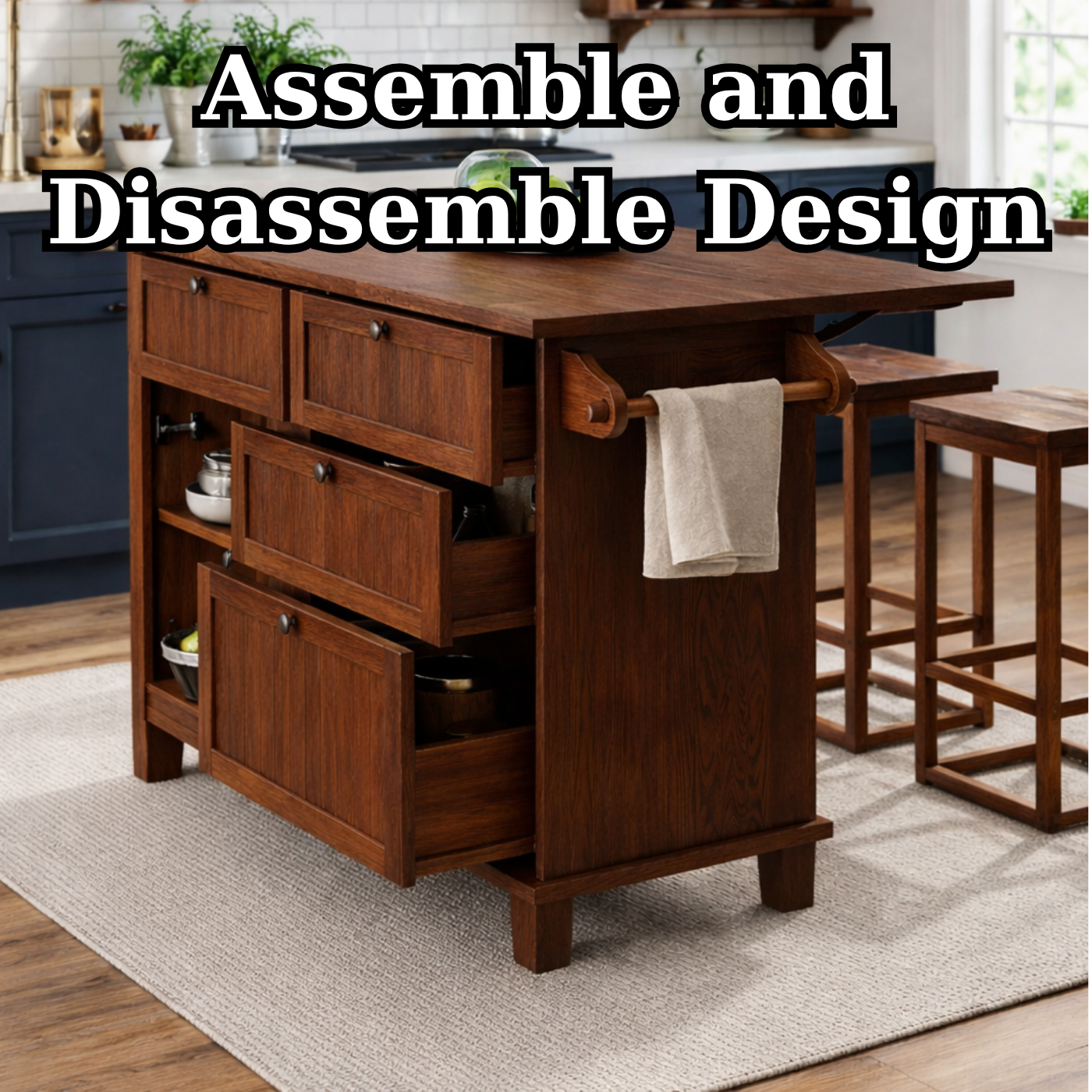 Solid Wood Kitchen Island with Drawers & Towel Rack – Kitchen Storage Island, Rustic Prep Table with Cabinets