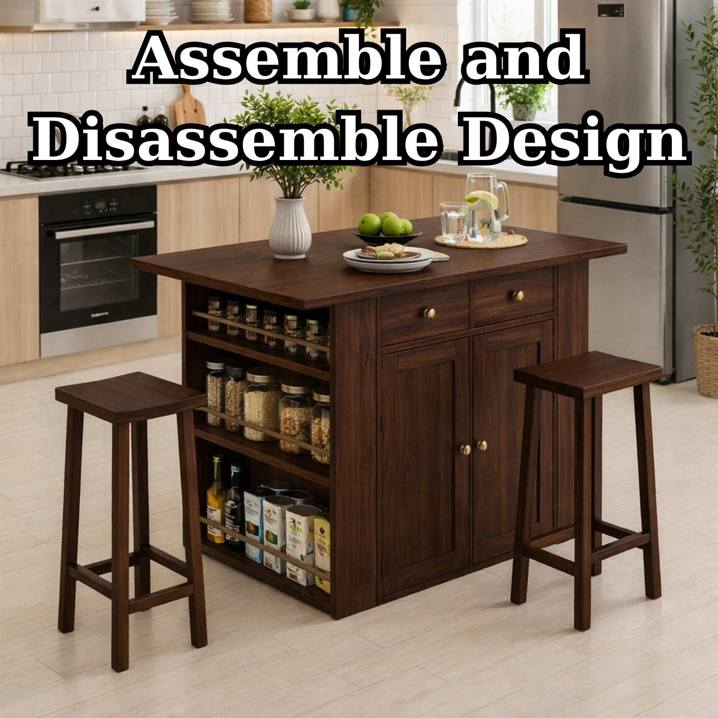Solid Wood Kitchen Island with Spice Rack & Storage – Kitchen Table with Cabinets, Compact Dining Island