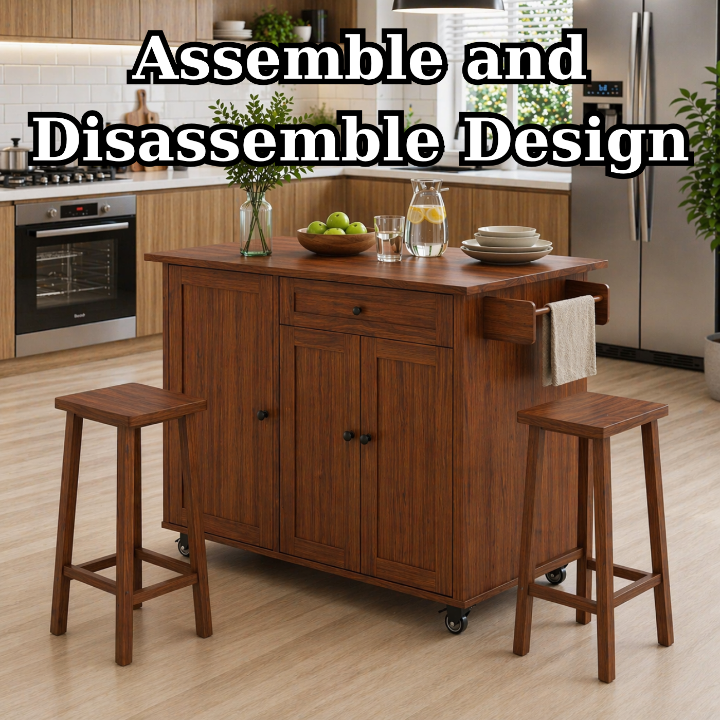 Solid Wood Kitchen Island with Seating – Walnut Rolling Storage Table with Cabinet & Towel Bar