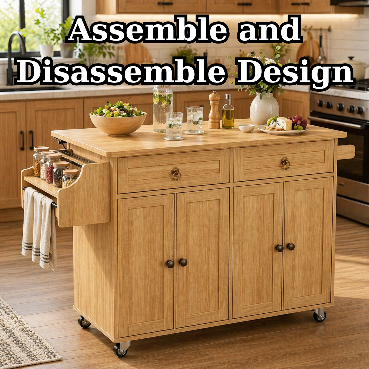 Solid Wood Kitchen Island Cart – Oak Storage Cabinet with Spice Rack & Towel Bar
